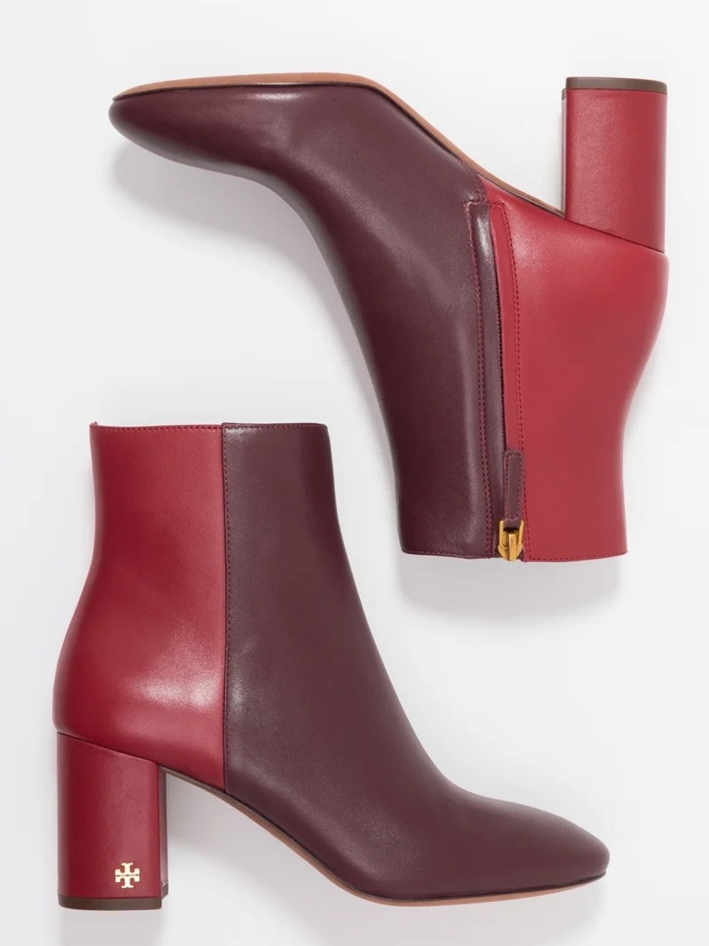 Tory Burch Two-Tone Red and Burgundy Leather Ankle Boots size
